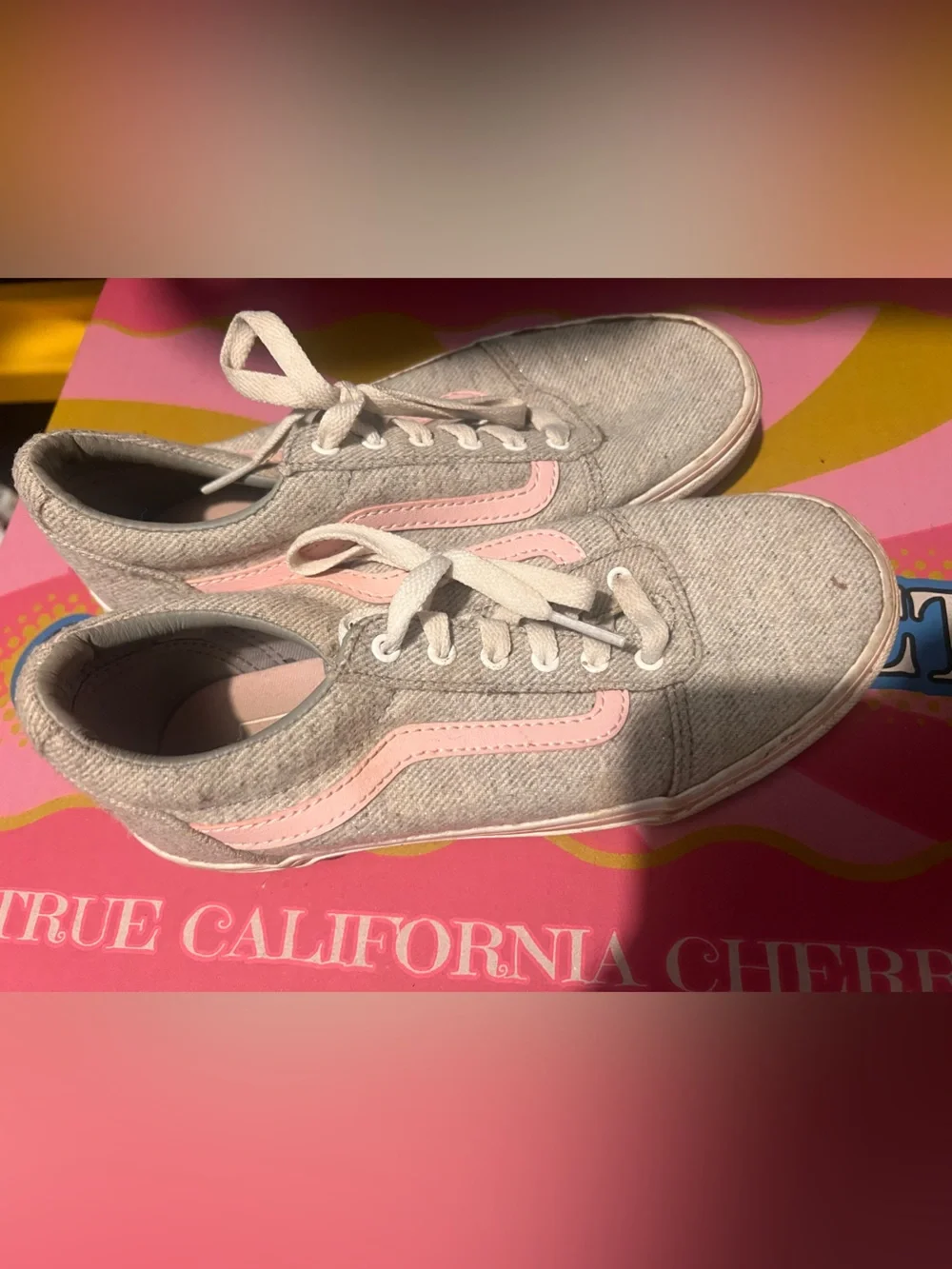 Vans Kids Gray Canvas Sneakers with Pink Side Stripe